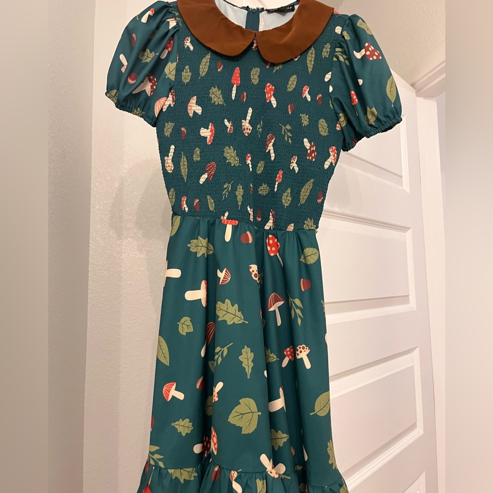 Teal Mushroom Print Mini Dress with Brown Peter Pan Collar